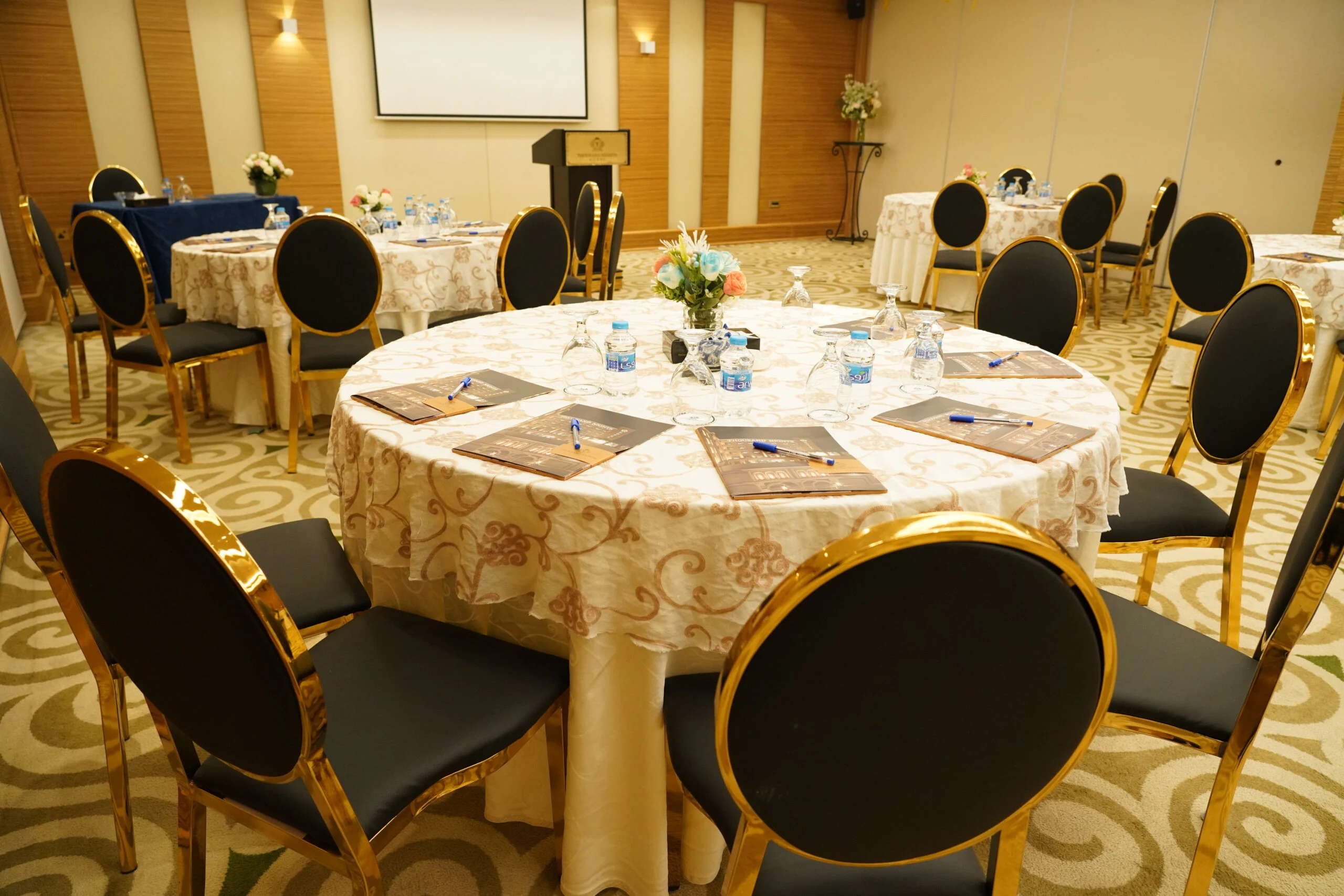 Round banquet table set for an event
